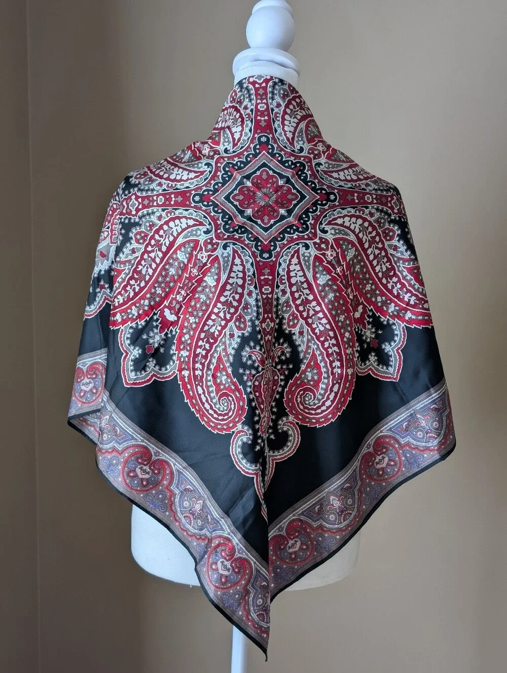 Van Horn Silk Scarf 31x30 Black Red Beige Floral